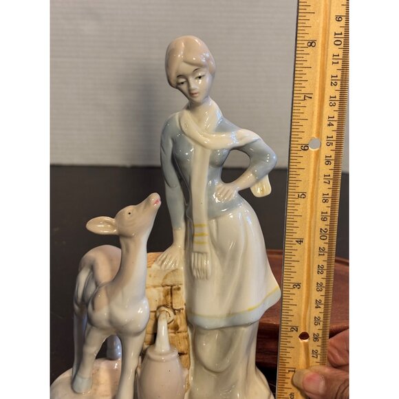 Porcelain Shepherdess & Fawn Figurine On Wooden Base - Picture 4 of 9